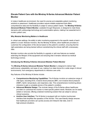 Elevate Patient Care with the Mindray N-Series Advanced Modular Patient Monitor