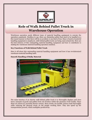 Role of Walk Behind Pallet Truck in Warehouse Operation