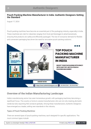 Pouch Packing Machine Manufacturer in India: Authentic Designers