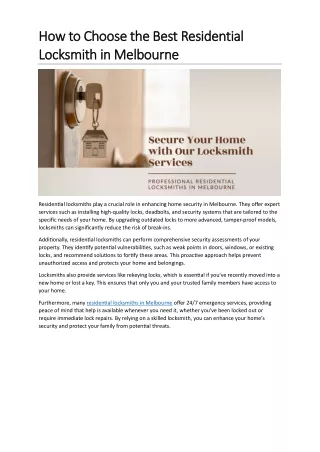 How to Choose the Best Residential Locksmith in Melbourne