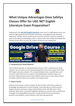 What Unique Advantages Does Sahitya Classes Offer for UGC NET English Literature Exam Preparation