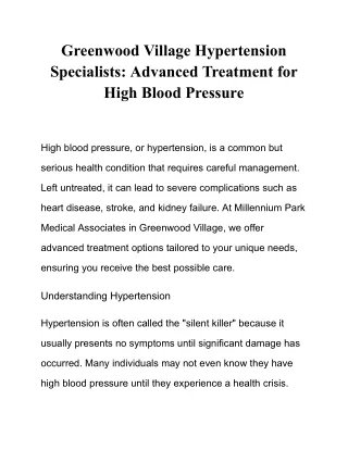 Greenwood Village Hypertension Specialists: Advanced Treatment for High BP