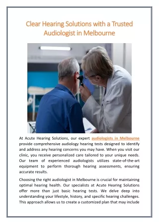 Clear Hearing Solutions with a Trusted Audiologist in Melbourne