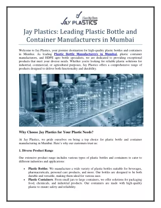 Plastic Bottle and Container Manufacturers in Mumbai