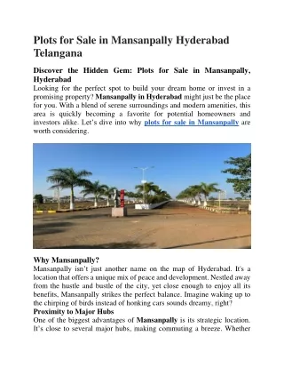 Plots for Sale in Mansanpally Hyderabad Telangana