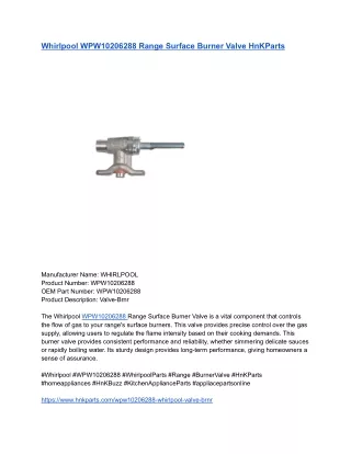 Whirlpool WPW10206288 Range Surface Burner Valve HnKParts