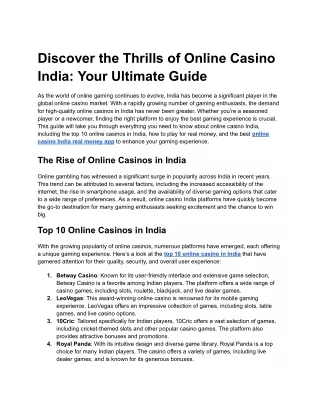 Discover the Thrills of Online Casino India_ Your Ultimate Guide