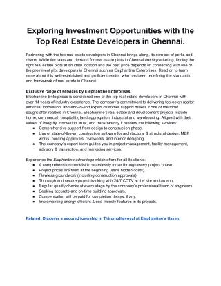 Exploring Investment Opportunities with Top Real Estate Developers in Chennai