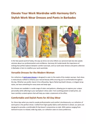 Elevate Your Work Wardrobe with Harmony Girl's Stylish Work Wear Dresses and Pants in Barbados