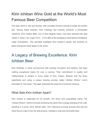 Kirin Ichiban Wins Gold at the World’s Most Famous Beer Competition