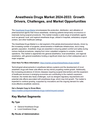 Anesthesia Drugs Market Outlook 2024-2033: Key Players, Market Share, and Growth
