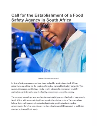 Call for the Establishment of a Food Safety Agency in South Africa