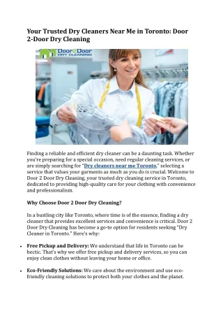 Your Trusted Dry Cleaners Near Me in Toronto Door 2 Door Dry Cleaning