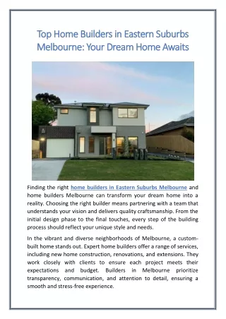 Top Home Builders in Eastern Suburbs Melbourne Your Dream Home Awaits