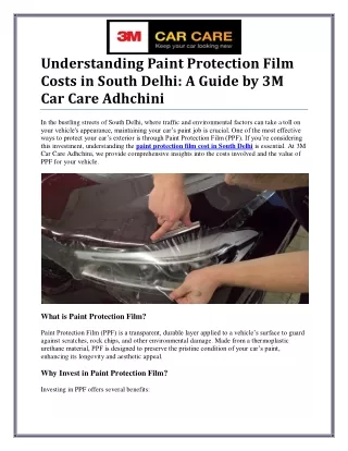 Understanding Paint Protection Film Costs in South Delhi