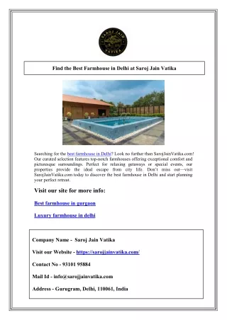 Find the Best Farmhouse in Delhi at Saroj Jain Vatika