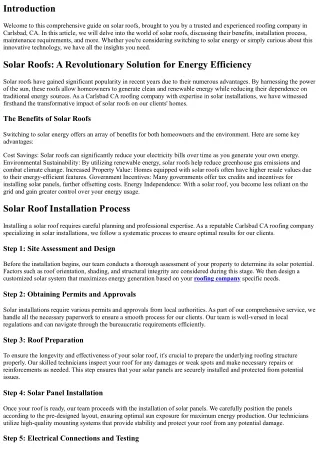 Solar Roofs: Insights from a Carlsbad Ca Roofing Company
