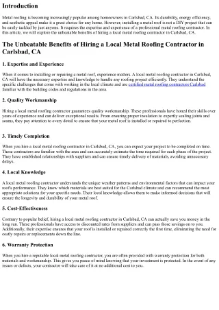 The Unbeatable Benefits of Hiring a Local Metal Roofing Contractor in Carlsbad,