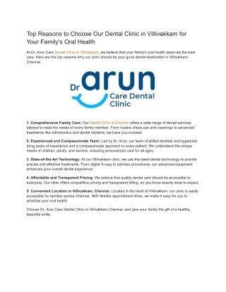 Top Reasons to Choose Our Dental Clinic in Villivakkam for Your Family's Oral Health