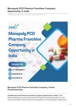 Monopoly PCD Pharma Franchise Company Opportunity in India