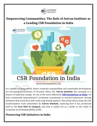 Empowering Communities The Role of Astron Institute as a Leading CSR Foundation in India