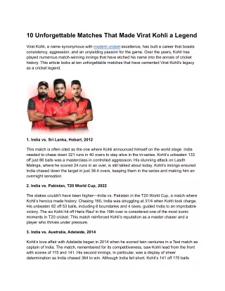 10 Unforgettable Matches That Made Virat Kohli a Legend