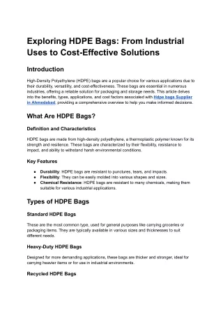 Exploring HDPE Bags: From Industrial Uses to Cost-Effective Solutions