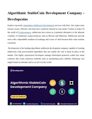 Algorithmic StableCoin Development Company - Developcoins