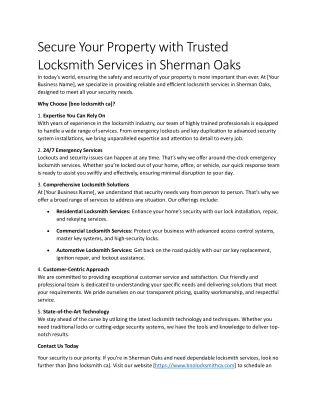 Secure Your Property with Trusted Locksmith Services in Sherman Oaks