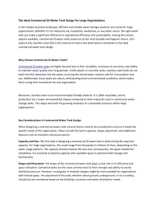 The Ideal Commercial SS Water Tank Design for Large Organizations