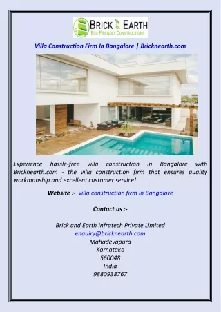 Villa Construction Firm In Bangalore  Bricknearth.com