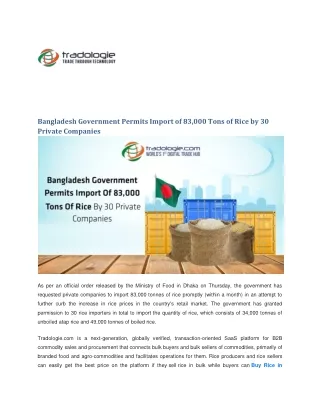 Bangladesh Government Permits Import of 83,000 Tons of Rice by 30 Private Companies