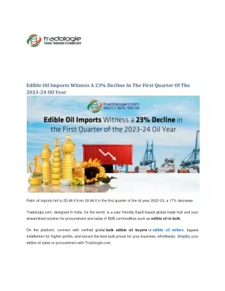 Edible Oil Imports Witness A 23 Decline In The First Quarter Of The 2023-24 Oil Year