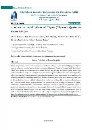 A review on health effects of Thyme (Thymus vulgaris) on human lifestyle
