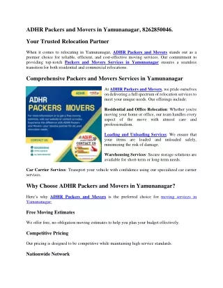 Packers and Movers in Yamunanagar, 8262850046.