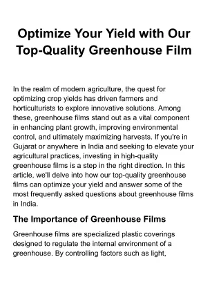 Greenhouse Films: Enhancing Growth, Protecting Plants