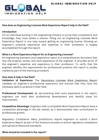 How does an Engineering Licensee Work Experience Report help in the field