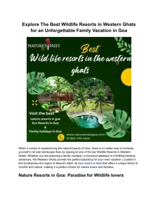 Explore The Best Wildlife Resorts in Western Ghats for an Unforgettable Family Vacation in Goa