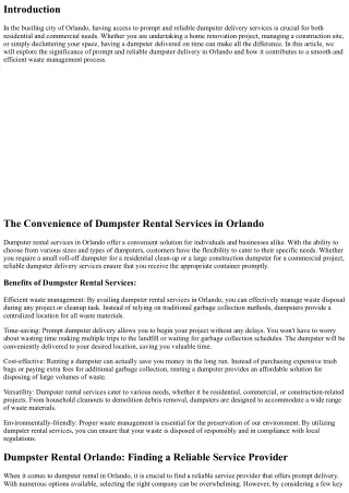 The Importance of Prompt and Reliable Dumpster Delivery in Orlando