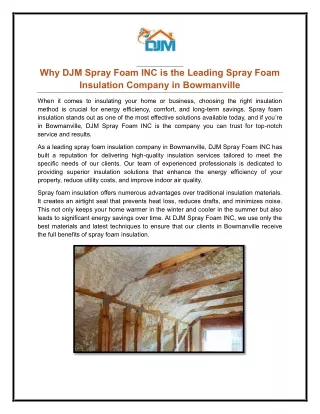 Why DJM Spray Foam INC is the Leading Spray Foam Insulation Company in Bowmanville