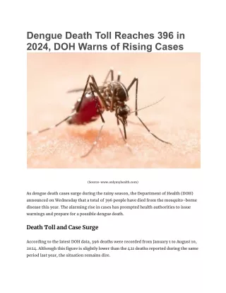 Dengue Death Toll Reaches 396 in 2024, DOH Warns of Rising Cases
