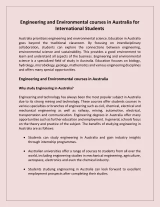 Engineering and Environmental courses in Australia for International Students