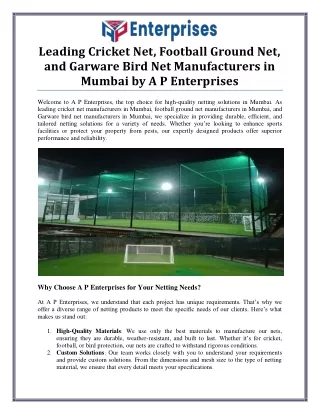 Leading Cricket, Football Ground, and Bird Net Manufacturers in Mumbai