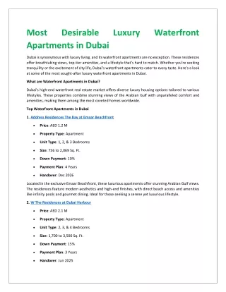 Most Desirable Luxury Waterfront Apartments in Dubai