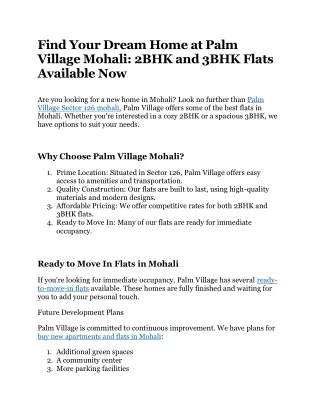 Find Your Dream Home at Palm Village Mohali