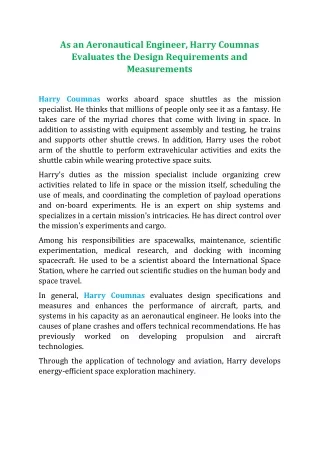 As an Aeronautical Engineer, Harry Coumnas Evaluates the Design Requirements and Measurements