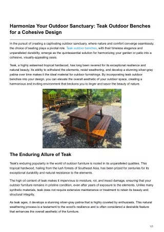 Harmonize Your Outdoor Sanctuary Teak Outdoor Benches for a Cohesive Design