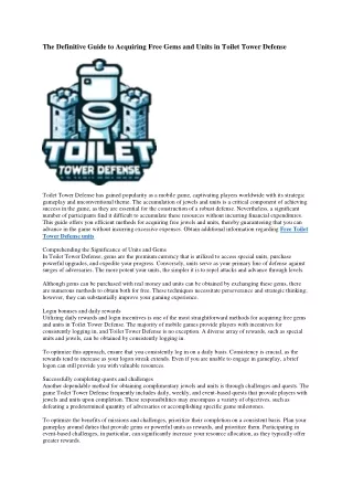 4 Free Toilet tower defense gems