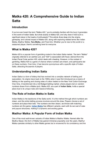 Matka 420: A Comprehensive Guide to Indian Satta