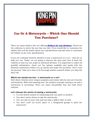 Car Or A Motorcycle – Which One Should You Purchase